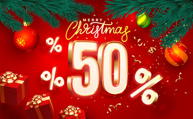 Merry Christmas, 50 percent Off  discount. Sale banner and poster. Vector illustration.