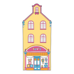European house. Cute Dutch building with a toy store on the ground floor.Colorful vector illustration in a hand-drawn childish Scandinavian style. Isolate on a white background.