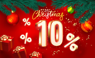 Merry Christmas, 10 percent Off  discount. Sale banner and poster. Vector illustration.