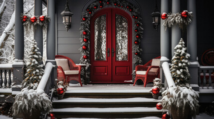 Red wooden door with christmas decorations and wicker chair in winter.