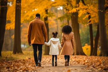 Fototapeta premium African American family walking in the park autumn fall leaves in the ground and trees, view from behind