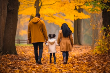 Fototapeta premium African American family walking in the park autumn fall leaves in the ground and trees, view from behind