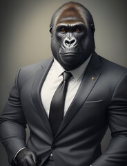 Gorilla is dressed elegantly in a suit with a lovely tie. An anthropomorphic animal poses for a fashion photograph with a charming human attitude. Funny animal pictures with Suit jacket and tie