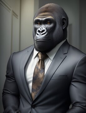 Gorilla is dressed elegantly in a suit with a lovely tie. An anthropomorphic animal poses for a fashion photograph with a charming human attitude. Funny animal pictures with Suit jacket and tie