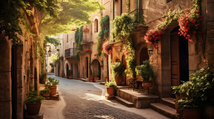 Fototapeta premium Charming Quaint European Alleyway with Cobblestone Streets, Enhanced with Soft and Pastel Tones to Evoke a Nostalgic and Old-World Atmosphere