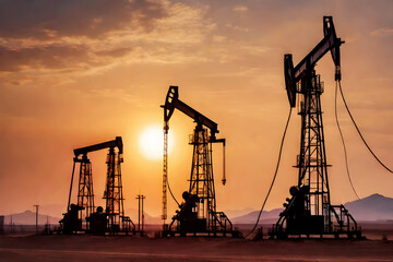 Crude Oil pump oil rig energy industrial machine for petroleum in desert land with the sunset background. AI generated.