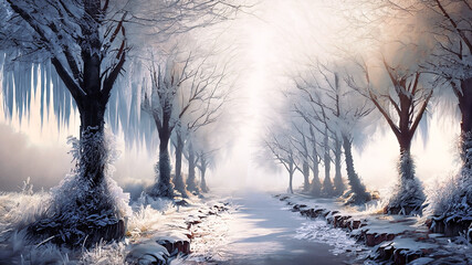 Baśniowy krajobraz zimowy. Generative AI - obrazy, fototapety, plakaty