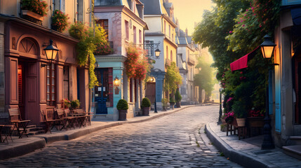 Fototapeta na wymiar Charming Quaint European Alleyway with Cobblestone Streets, Enhanced with Soft and Pastel Tones to Evoke a Nostalgic and Old-World Atmosphere