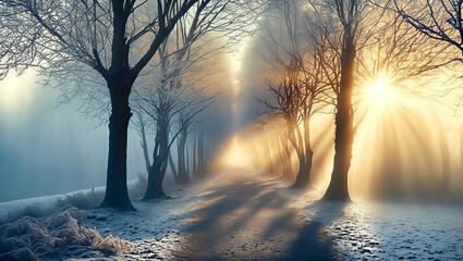 Zimowy krajobraz z aleja drzew. Generative AI - obrazy, fototapety, plakaty