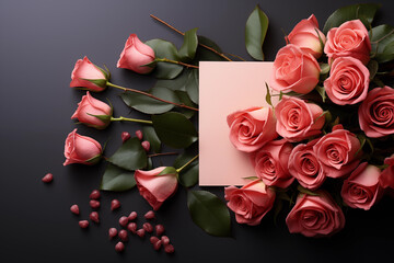 Pink roses delicate petals and vibrant colors with pink blank card  for celebrations and romance background