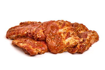 Raw bbq ribs, marinated meat for grill, isolated on white background.