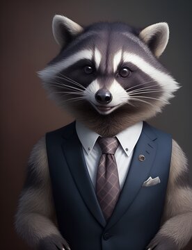 Racoon is dressed elegantly in a suit with a lovely tie. An anthropomorphic animal poses for a fashion photograph with a charming human attitude. Funny animal pictures with Suit jacket and tie