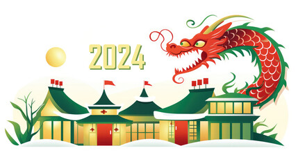 A minimal, simple illustration with house and dragon as a symbol of the Chinese New Year, isolated on a white background. Happy holiday concept. Banner