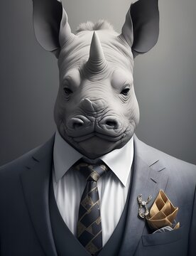 Rhinoceros is dressed elegantly in a suit with a lovely tie. An anthropomorphic animal poses for a fashion photograph with a charming human attitude. Funny animal pictures with Suit jacket and tie