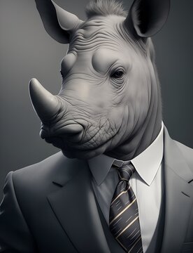 Rhinoceros is dressed elegantly in a suit with a lovely tie. An anthropomorphic animal poses for a fashion photograph with a charming human attitude. Funny animal pictures with Suit jacket and tie