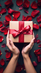 Cropped shot of woman holding gift box and rose petals on black.