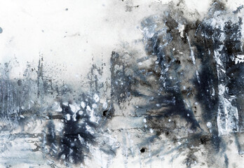 Abstract Winter landscape. A sketch with watercolor and ink.   Hand-drawn illustration.