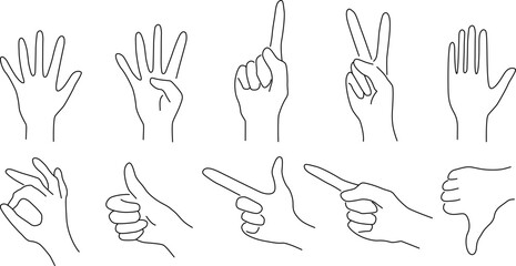 Gestures. Hand gestures in different positions. Hands in various situations. Hands vector set on transparent background. Vector illustration EPS 10 - obrazy, fototapety, plakaty