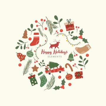 Merry christmas happy new year greeting card, set with christmas elements red ,green ,gold colors in circle