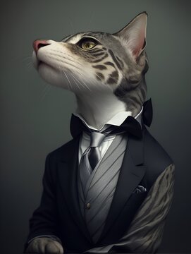 Eel is dressed elegantly in a suit with a lovely tie. An anthropomorphic animal poses for a fashion photograph with a charming human attitude.