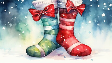  a watercolor painting of a pair of red and green boots in the snow with a red bow on the top of one of the boots and a green boot. - obrazy, fototapety, plakaty