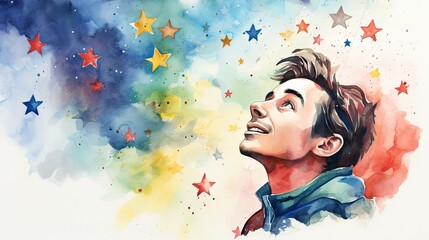 Obraz na płótnie Canvas a watercolor painting of a man's face looking up at the sky with stars coming out of the clouds and the stars on the side of his face.