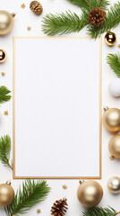 Christmas greeting card mockup with fir tree branches, golden baubles and blank paper on white...