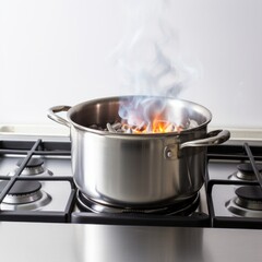 a pot with fire on top of a stove