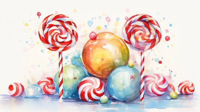 a watercolor painting of lollipops and candy canes on a white background with sprinkles of watercolor paint on the bottom of the image.