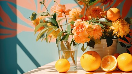  a vase filled with flowers and oranges next to a vase filled with oranges and a vase filled with oranges and a vase filled with oranges on a table.
