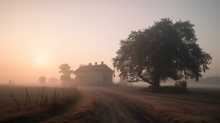  a house in the middle of a field with a tree in the foreground and a foggy sky in the background, with the sun shining on the horizon.