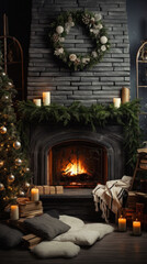 Fototapeta premium Beautiful Christmas interior with fireplace and christmas tree on dark background.
