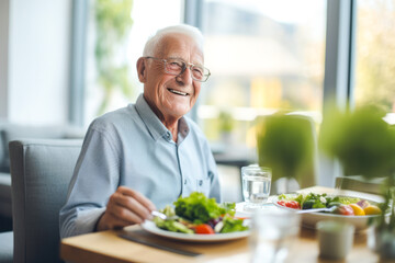 Senior man in a retirement home happily enjoying a healthy lunch. A showcase of a lifestyle of well-being and contentment - obrazy, fototapety, plakaty
