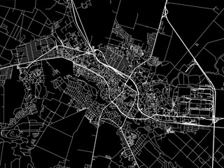 Vector road map of the city of Bila Tserkva in Ukraine with white roads on a black background. - obrazy, fototapety, plakaty