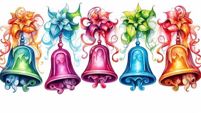  a set of four colorful bells with bows on each of them and a bell with a flower on the top of one of the bells and a bell with a flower on the bottom.