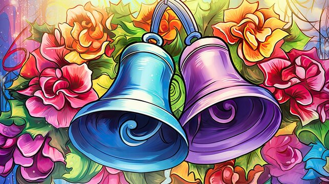  a painting of two bells with flowers on a blue background with a pink, yellow, red, and orange flower arrangement in the middle of the image is a multicolored background.
