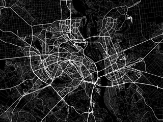 Vector road map of the city of Kyiv in Ukraine with white roads on a black background. - obrazy, fototapety, plakaty