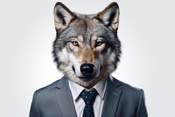 A picture of a wolf dressed in a suit and tie. Can be used to depict a wolf in formal attire or to represent the concept of a wolf in sheep's clothing - obrazy, fototapety, plakaty