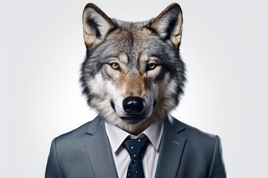 A picture of a wolf dressed in a suit and tie. Can be used to depict a wolf in formal attire or to represent the concept of a wolf in sheep's clothing