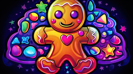  a digital painting of a ginger with hearts and stars on it's chest, surrounded by stars and shapes, on a black background with a blue and purple hue.