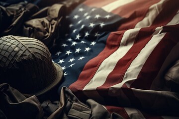 An American flag with a helmet on top, symbolizing patriotism and protection. Can be used to represent military service, national pride, or the defense industry
