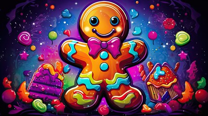 Obraz na płótnie Canvas a digital painting of a ginger with a bow on it's head, surrounded by candies, sweets, and candies on a dark background with stars and bubbles.