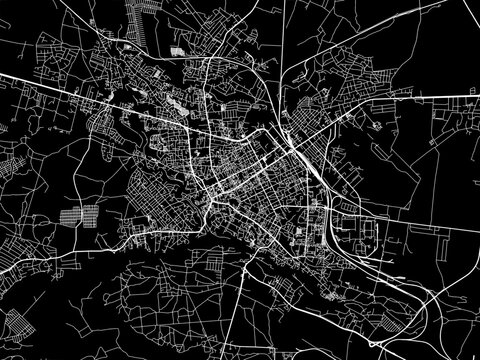 Vector road map of the city of Zhytomyr in Ukraine with white roads on a black background.
