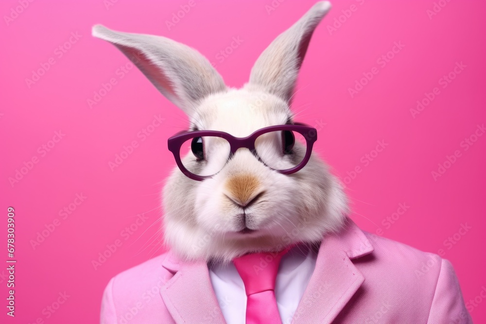 Poster a picture of a rabbit dressed in a pink suit and wearing glasses. this image can be used to depict a