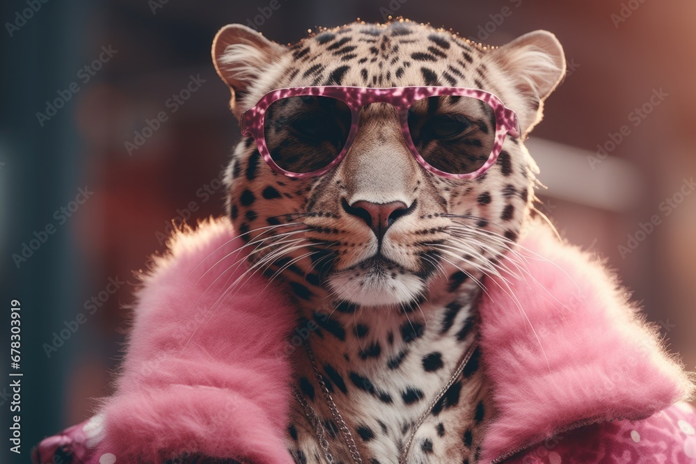 Poster A leopard is captured wearing sunglasses and a pink coat. This image can be used to add a touch of style and humor to various projects