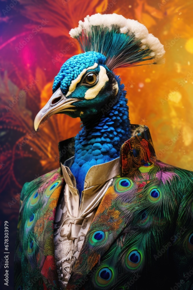 Poster A picture of a peacock with a vibrant jacket and beautiful feathers. This image can be used to add a pop of color and elegance to various design projects