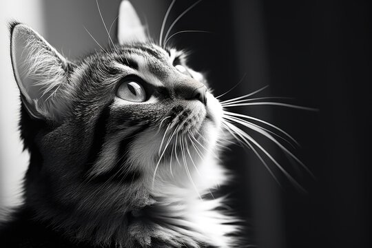 A black and white photo of a cat looking up. Perfect for animal lovers or pet-related content.