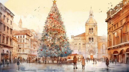 Fototapeta na wymiar a watercolor painting of a christmas tree in the middle of a town square with people walking around and a church steeple in the background with a clock tower.