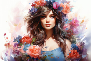 Fototapeta premium Floral watercolor illustration of a portrait of a beautiful girl, fantasy painting in pastel colors
