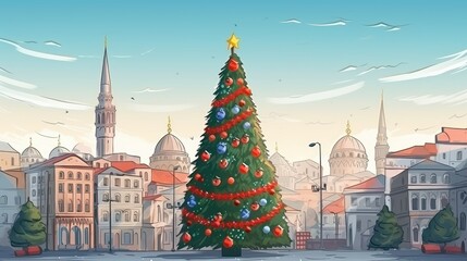  a painting of a christmas tree in the middle of a city with a church steeple in the background and a red ribbon on the top of the christmas tree.